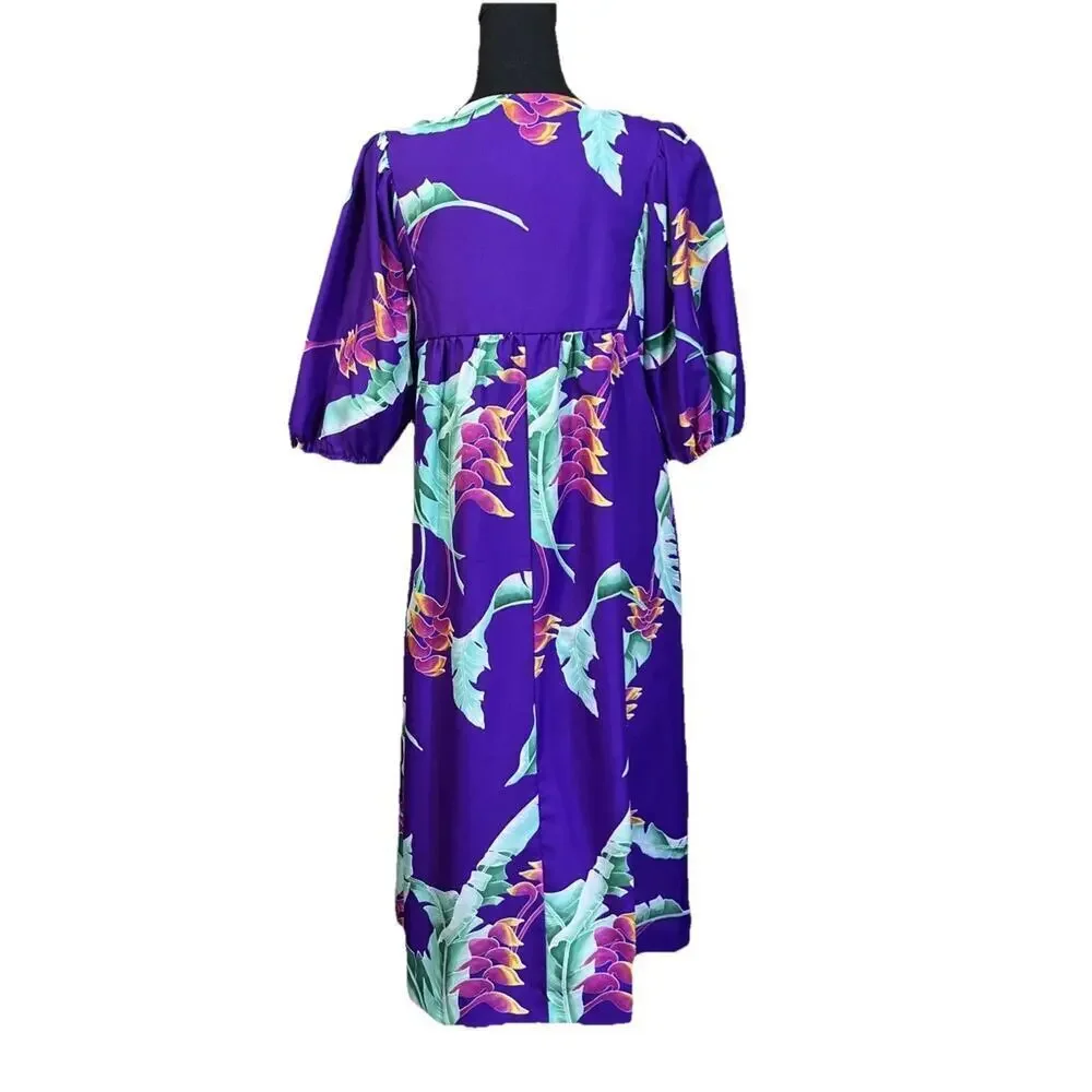 Vtg Hilo Hattie Hawaiian Tropical Floral Mumu Puff Sleeve Midi Dress Purple M - Picture 2 of 10